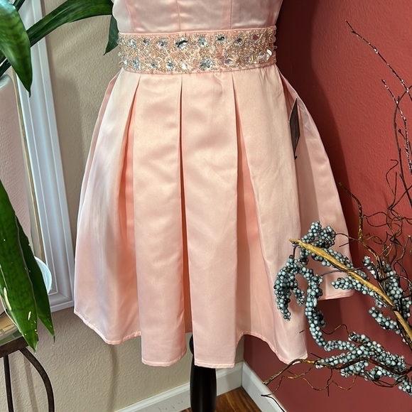 NEW Lulus Satin Light Pink Trendy Skater Dress with Rhinestones - Picture 5 of 15